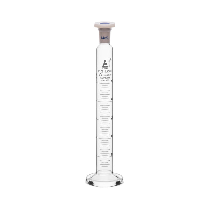 Measuring Cylinder, 50ml - Class A - 14/23 Polypropylene Stopper - Round Base, White Graduations - Borosilicate Glass - Eisco Labs