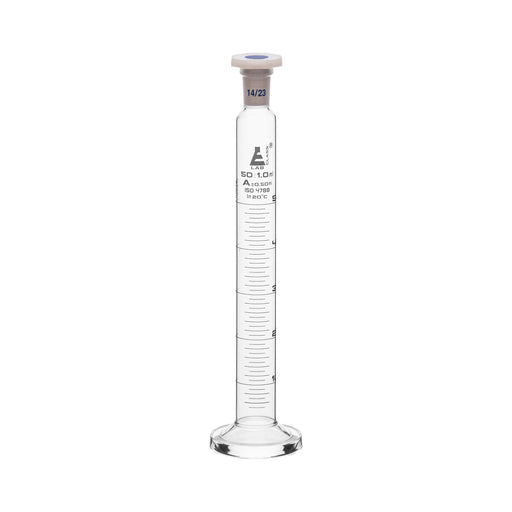Measuring Cylinder, 50ml - Class A - 14/23 Polypropylene Stopper - Round Base, White Graduations - Borosilicate Glass - Eisco Labs