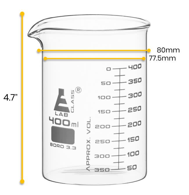 6PK Beakers, 400ml - ASTM - Low Form, Dual Scale Graduations - Borosilicate Glass