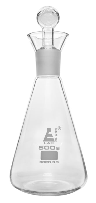 Iodine Flask & Stopper, 500ml - 29/32 Socket Size, Interchangeable Stopper - Conical Shape - Borosilicate Glass - Eisco Labs