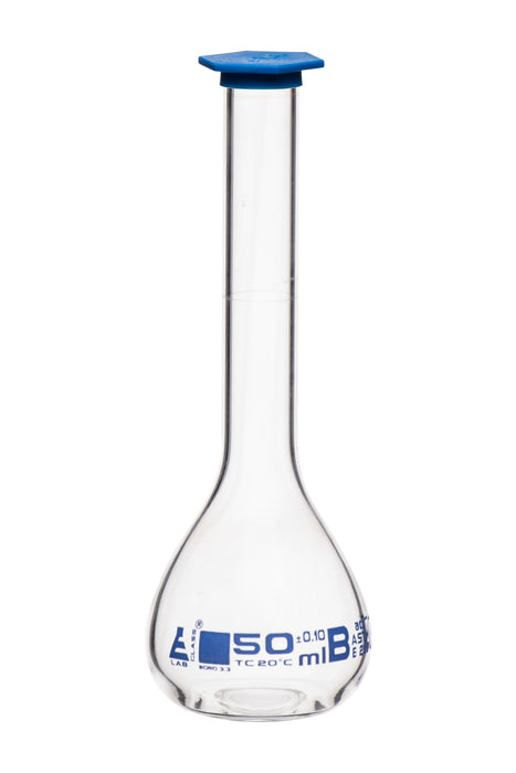 Volumetric Flask, 50ml - Class B, ASTM - Tolerance ±0.10ml - Blue Snap Cap - Single, White Graduation - Borosilicate Glass - Eisco Labs