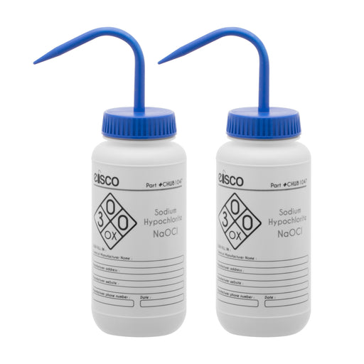 2PK Performance Plastic Wash Bottle,  Sodium Hypochlorite (Bleach), 500 ml - Labeled (2 Color)