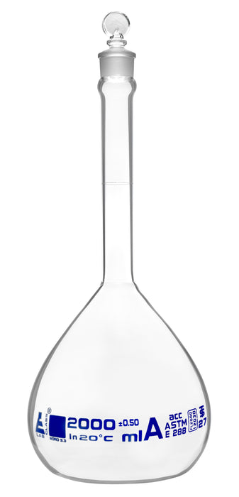 Volumetric Flask, 2000ml - Class A, ASTM - Tolerance ±0.500 ml - Glass Stopper -  Single, Blue Graduation - Eisco Labs