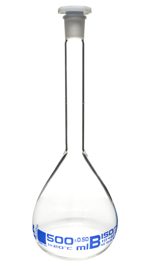 Volumetric Flask, 500ml - Class B - 19/26 Polyethylene Stopper, Borosilicate Glass - Blue Graduation, Tolerance ±0.500 - Eisco Labs