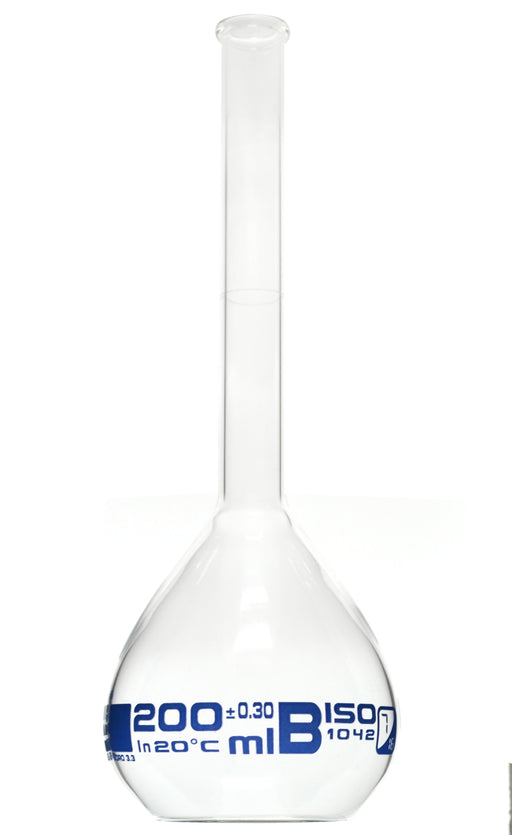 Volumetric Flask, 200ml - Class B - Borosilicate Glass - Blue Graduation, Tolerance ±0.300 - No Stopper, Beaded Rim - Eisco Labs